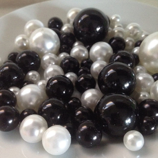 100 Black and white Pearls - Use For Floating Vase Filler Pearls Decor, Use for make up brush holder