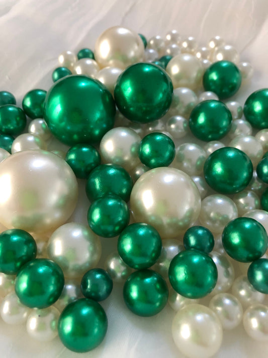 100 Emerald green and white Pearls - Use For Floating Vase Filler Pearls Decor, Use for make up brush holder