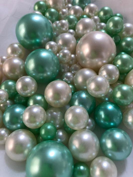 100 Seafoam green and white pearls - Use For Floating Vase Filler Pearls Decor, Use for make up brush holder