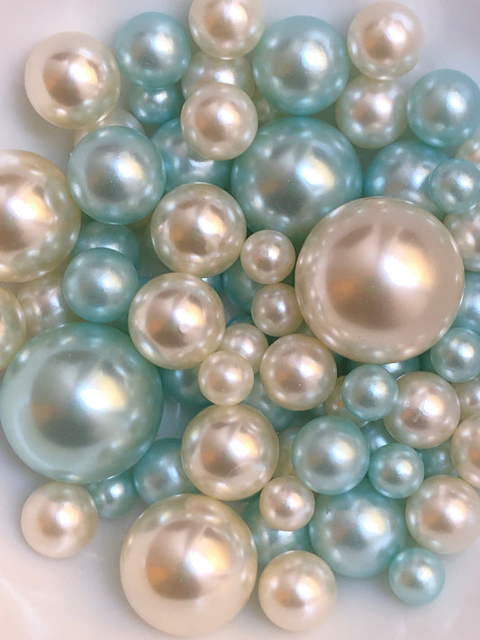 100 Light Blue And Ivory Pearls - Use For Floating Vase Filler Pearls Decor, Use for make up brush holder