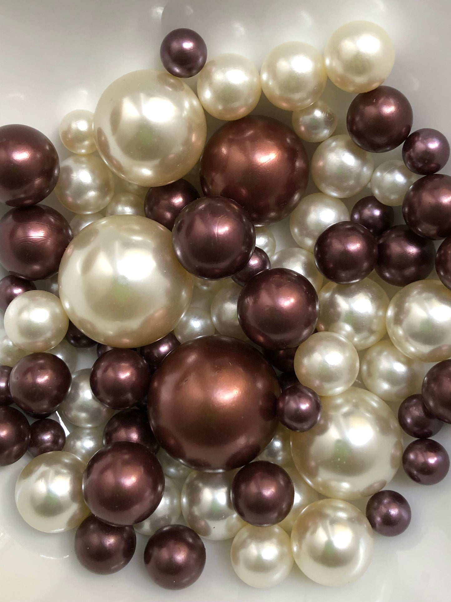 100 Chocolate Brown And Ivory Pearls - Use For Floating Vase Filler Pearls Decor, Use for make up brush holder