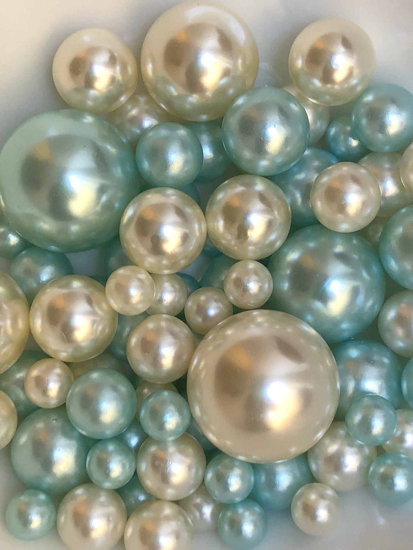 100 Light Blue And Ivory Pearls - Use For Floating Vase Filler Pearls Decor, Use for make up brush holder