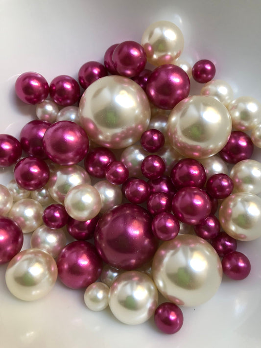 100 Berry Pink And Ivory Pearls - Use For Floating Vase Filler Pearls Decor, Use for make up brush holder