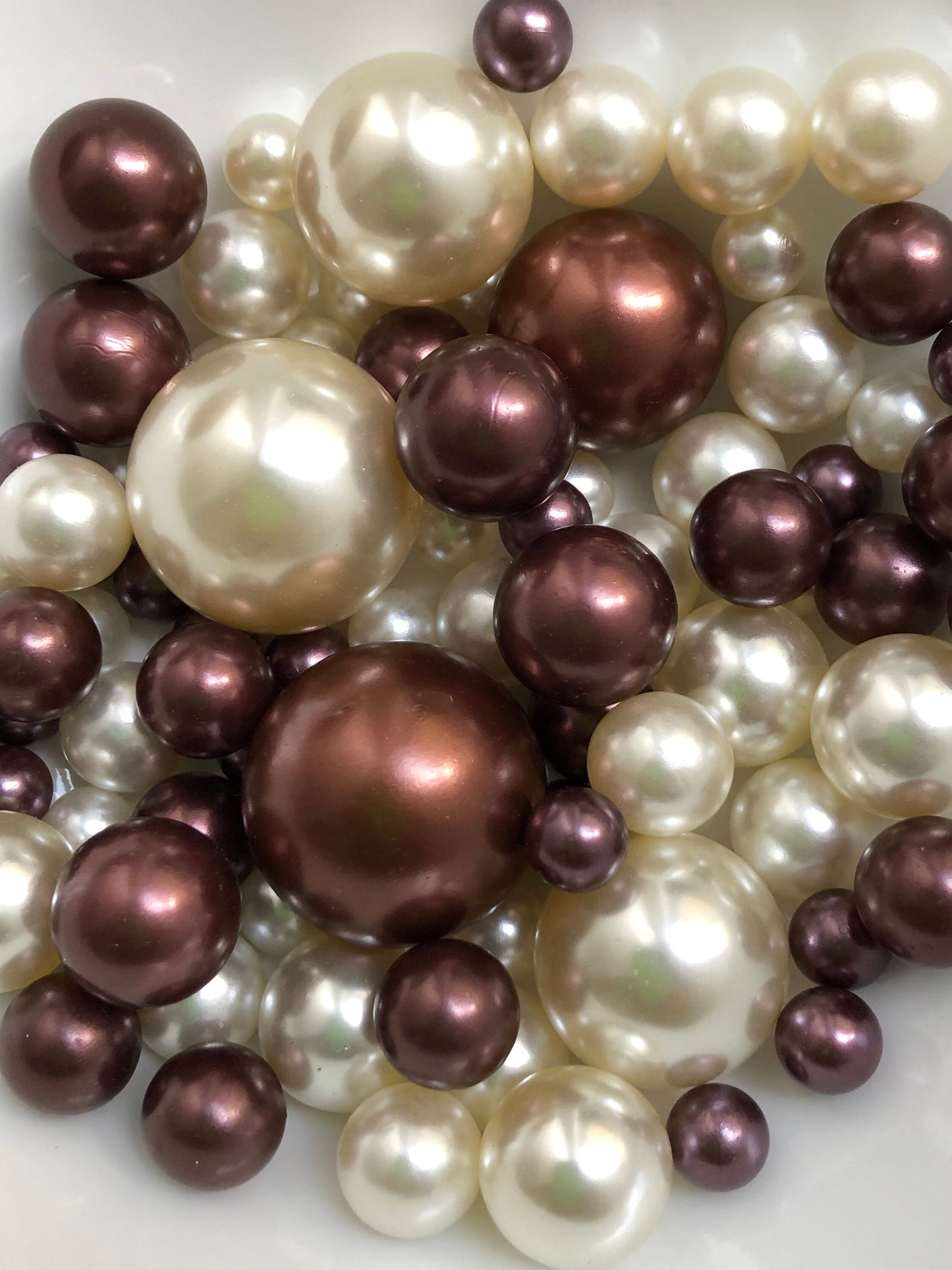 100 Chocolate Brown And Ivory Pearls - Use For Floating Vase Filler Pearls Decor, Use for make up brush holder