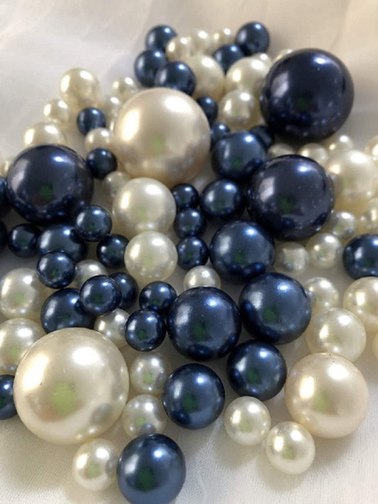 100 Navy Blue And Ivory Pearls - Wedding  Event  Party Centerpieces, Vase Filler Pearls Decor, Use for make up brush holder, DIY Crafting