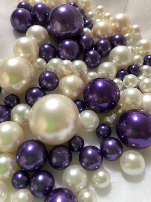 100 Purple And Ivory Pearls - Wedding  Event  Party Centerpieces, Vase Filler Pearls Decor, Use for make up brush holder, DIY Crafting