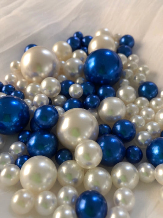 100 Royal Blue And White Pearls - Wedding  Event  Party Centerpieces, Vase Filler Pearls Decor, Use for make up brush holder, DIY Crafting