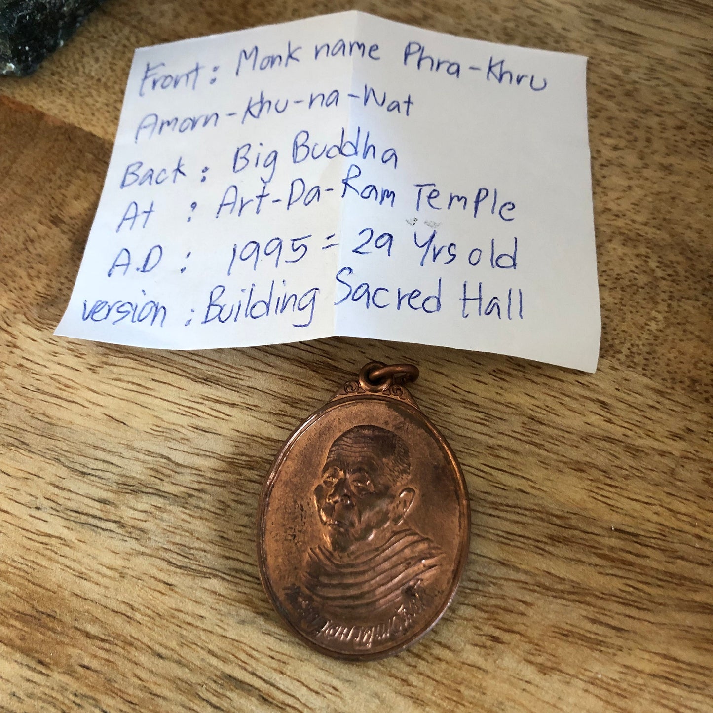 Big Buddha Amulet, Monk: Phra Khru Amorn Khu-na-nat, At Art Da Ram Temple, AD 1995, 29 years old, Authentic Thailand amulets, pendants coin