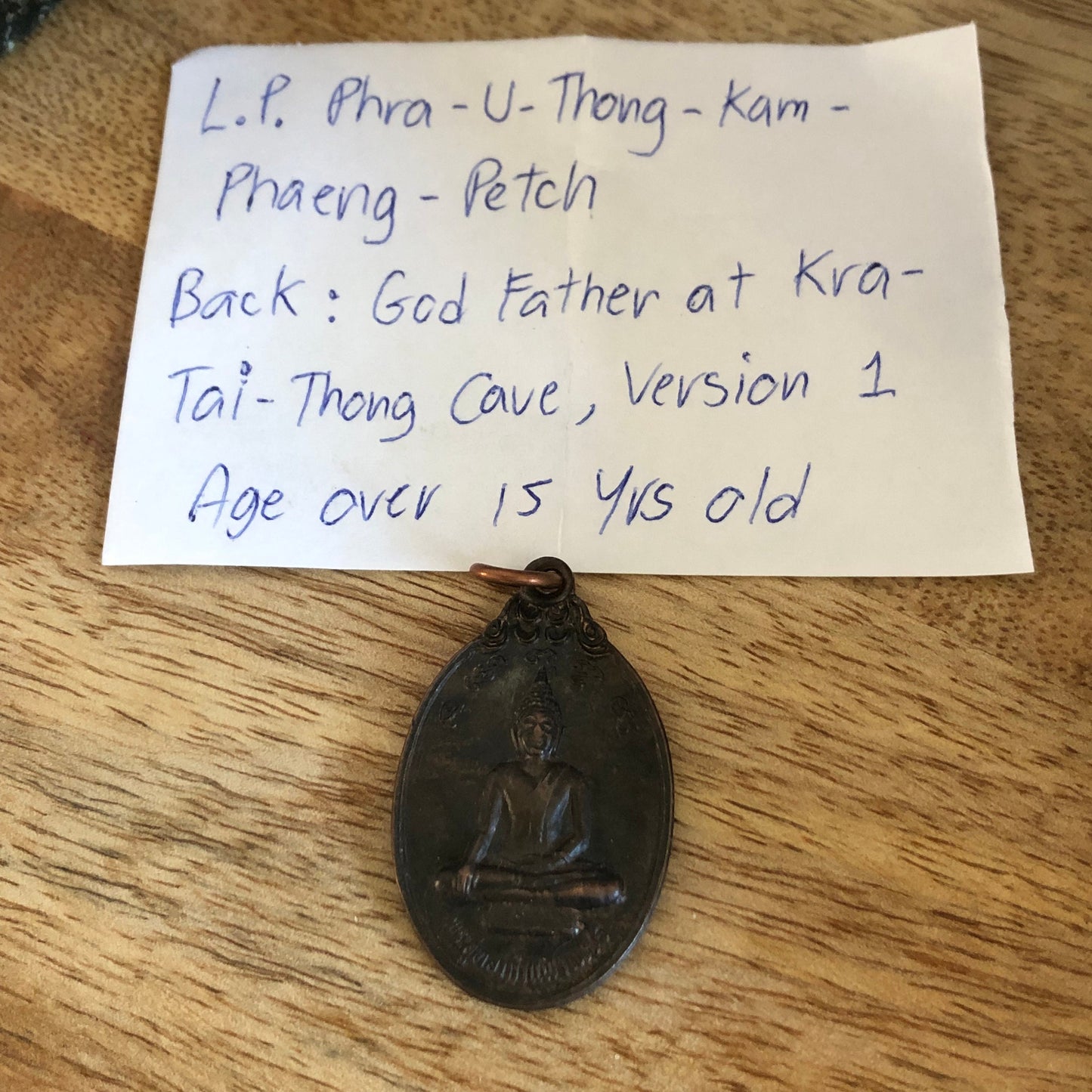 LP Phra U Thong Kam Phaeng Petch, God Father at Kra Tai Thong Cave, Version 1, age 15 years, authentic Thailand Pendant Buddha talisman.