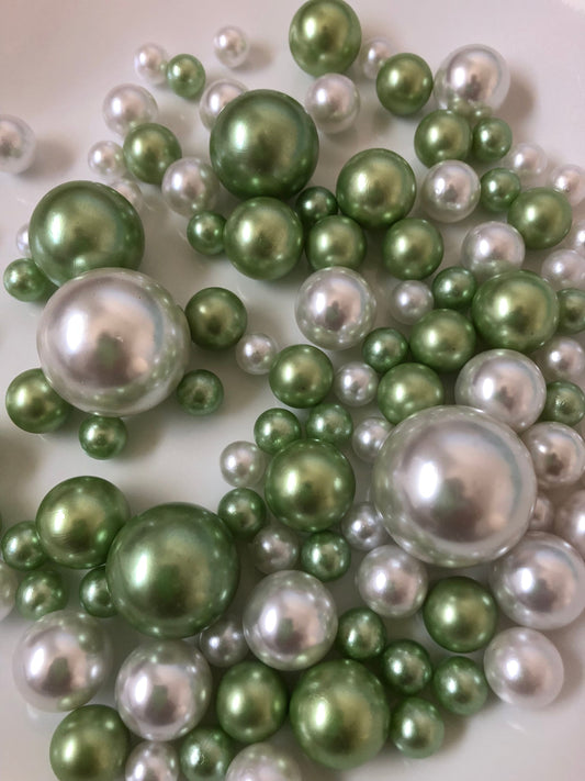 100 Sage Green And white Pearls - Wedding  Event  Party Centerpieces, Vase Filler Pearls Decor, Use for make up brush holder, DIY Crafting