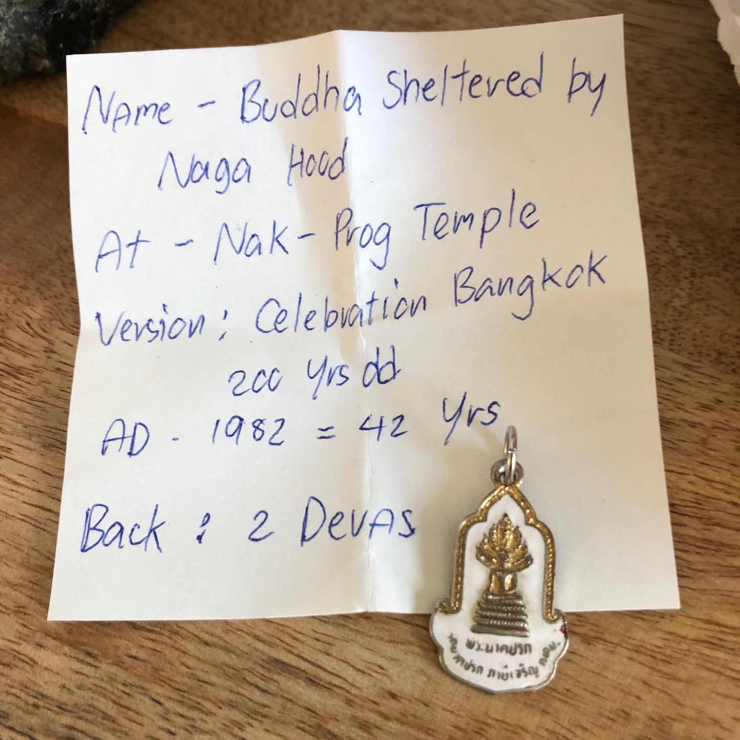 Buddha sheltered by Naga Hood, 2 devas, At Nak Prog Temple, Celebration Bangkok, AD 1982 42 years. Authentic Thailand Buddha Pendant