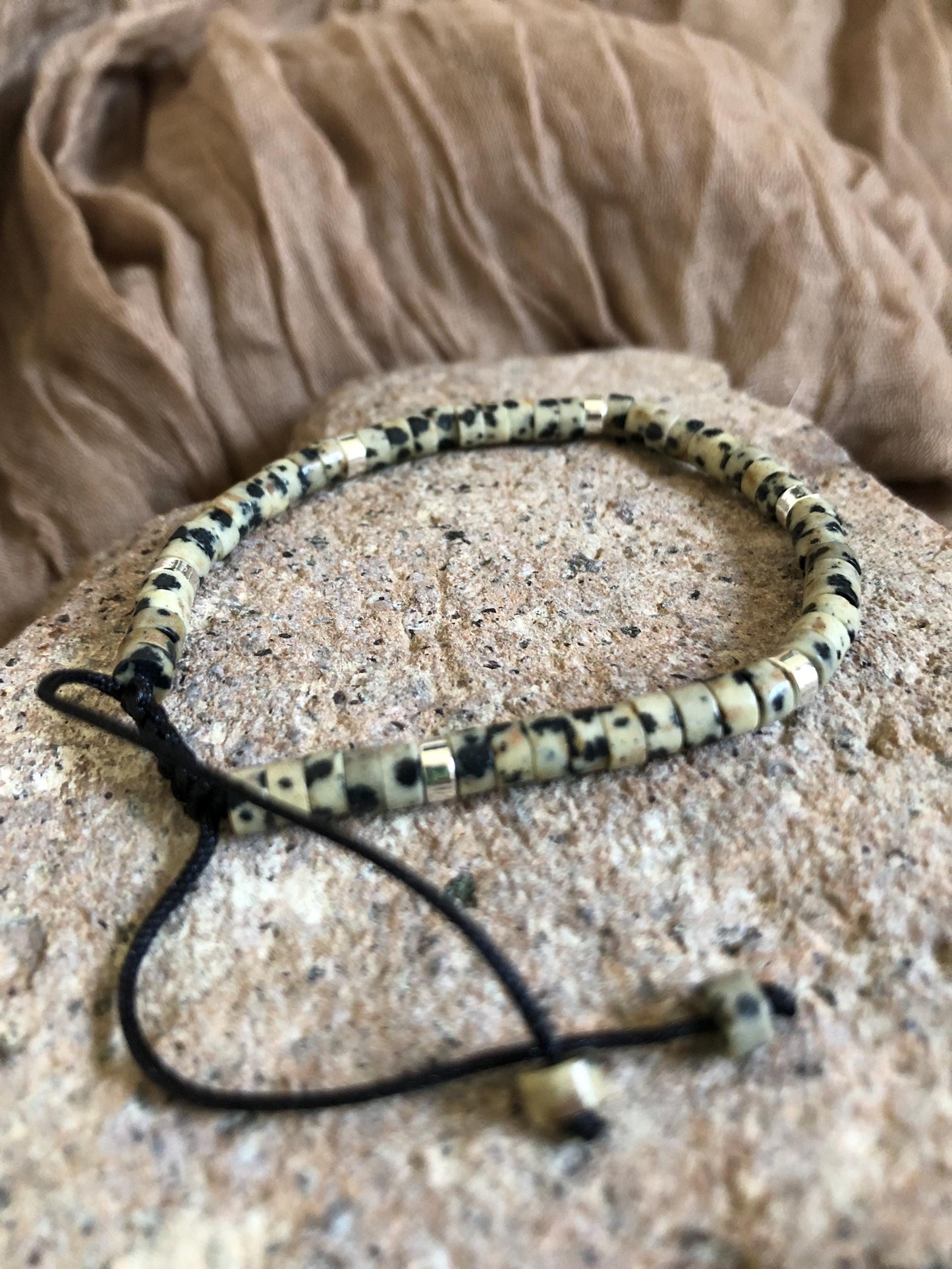 Dalmation Jasper spiritual bead gemstone bracelet, dainty 2x4 beaded bracelet, meditation intention prayer bracelet, heishi bead, powerstone