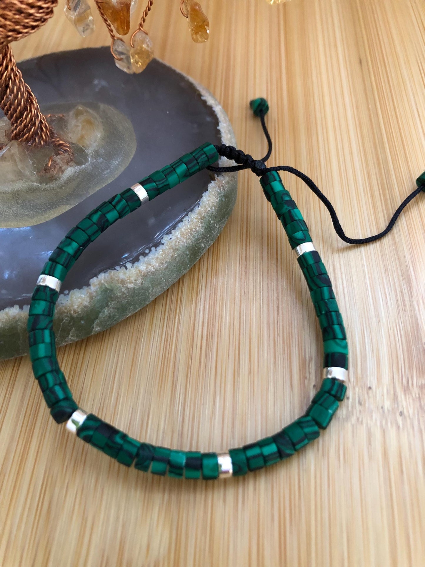 Malachite stone spiritual beads stone of transformation, abundance, hematite protection bead, dainty beaded intention power bracelet