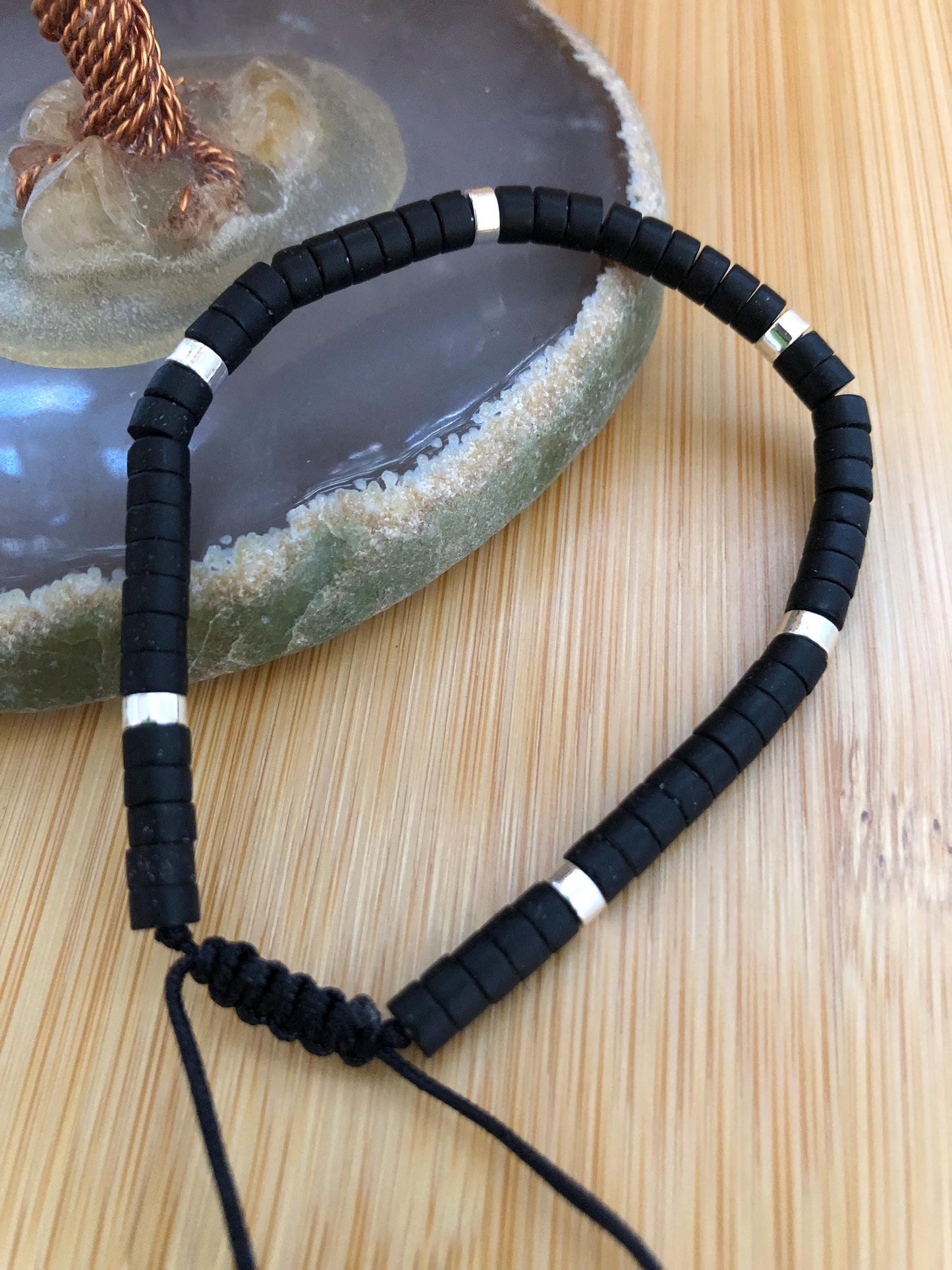 Black Agate stone spiritual beads stone of protection, grounding, hematite protection bead, dainty beaded intention power bracelet