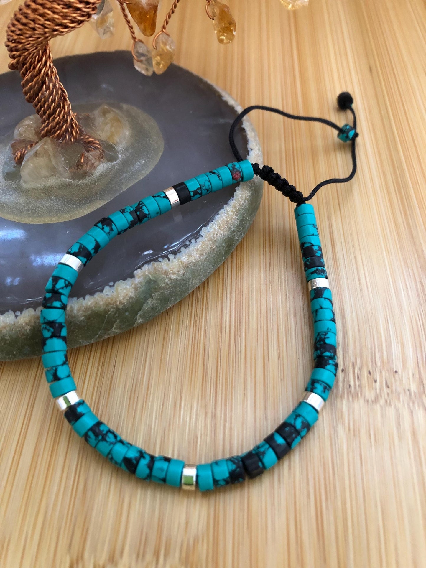 Black Line/Vein Turquoise spiritual beads stone of forgiveness, positive energy, hematite protection bead, dainty beaded intention bracelet