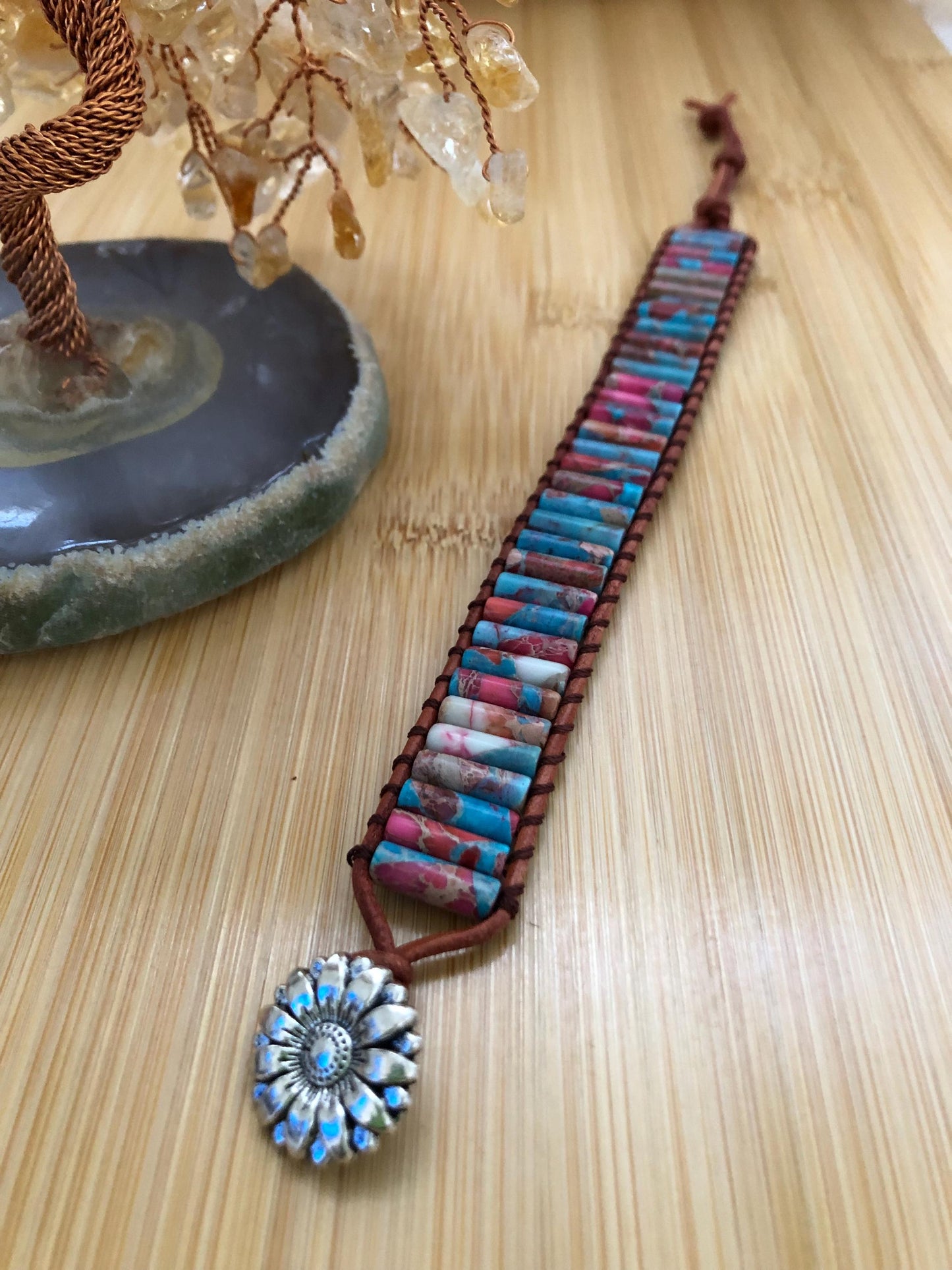 Colorful rectangle tube natural stone bracelets for Women Boho Handmade Natural Jasper Stone Energy Bead Leather Wrap Bracelet Jewelry