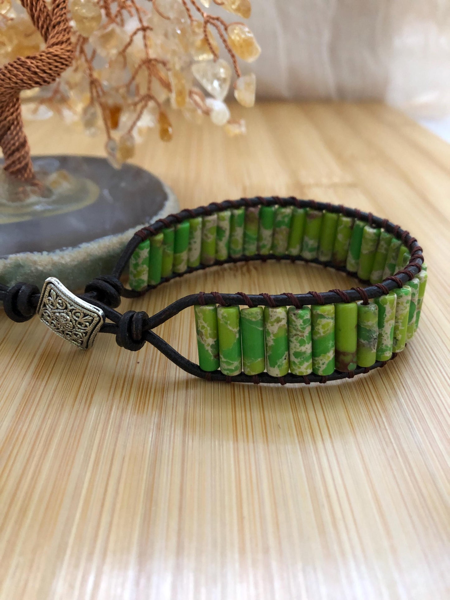 Lime green jasper Tube natural stone bracelets for Women Boho Handmade Natural Jasper Stone Energy Bead Leather Wrap Bracelet Jewelry