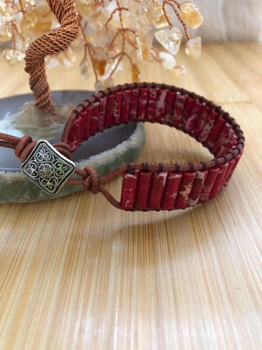 Red Sea jasper Tube natural stone bracelets for Women Boho Handmade Natural Jasper Stone Energy Bead Leather Wrap Bracelet Jewelry