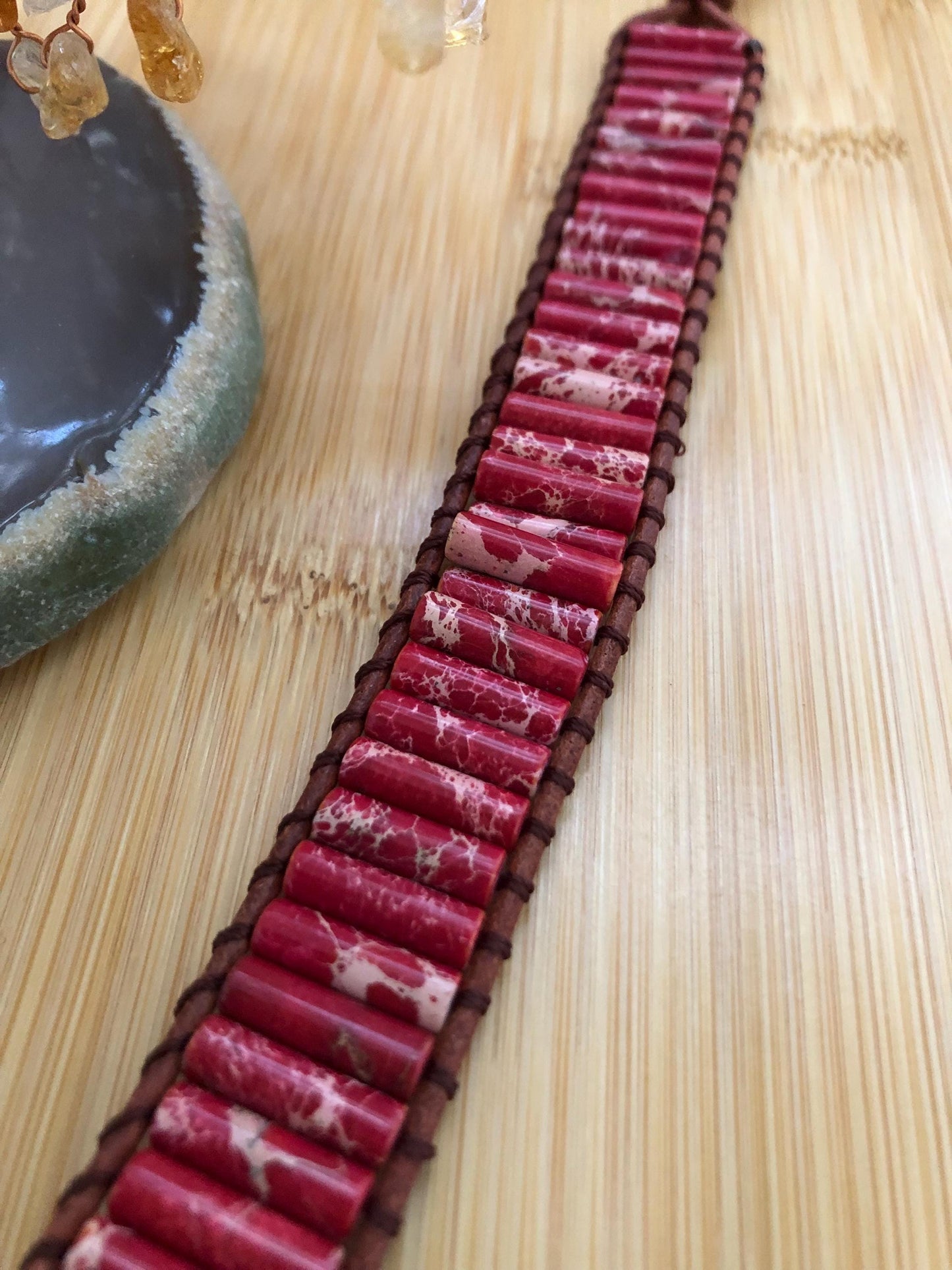 Red Sea jasper Tube natural stone bracelets for Women Boho Handmade Natural Jasper Stone Energy Bead Leather Wrap Bracelet Jewelry