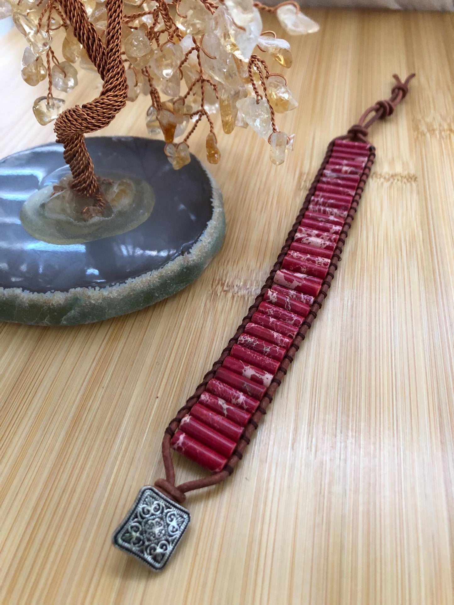 Red Sea jasper Tube natural stone bracelets for Women Boho Handmade Natural Jasper Stone Energy Bead Leather Wrap Bracelet Jewelry