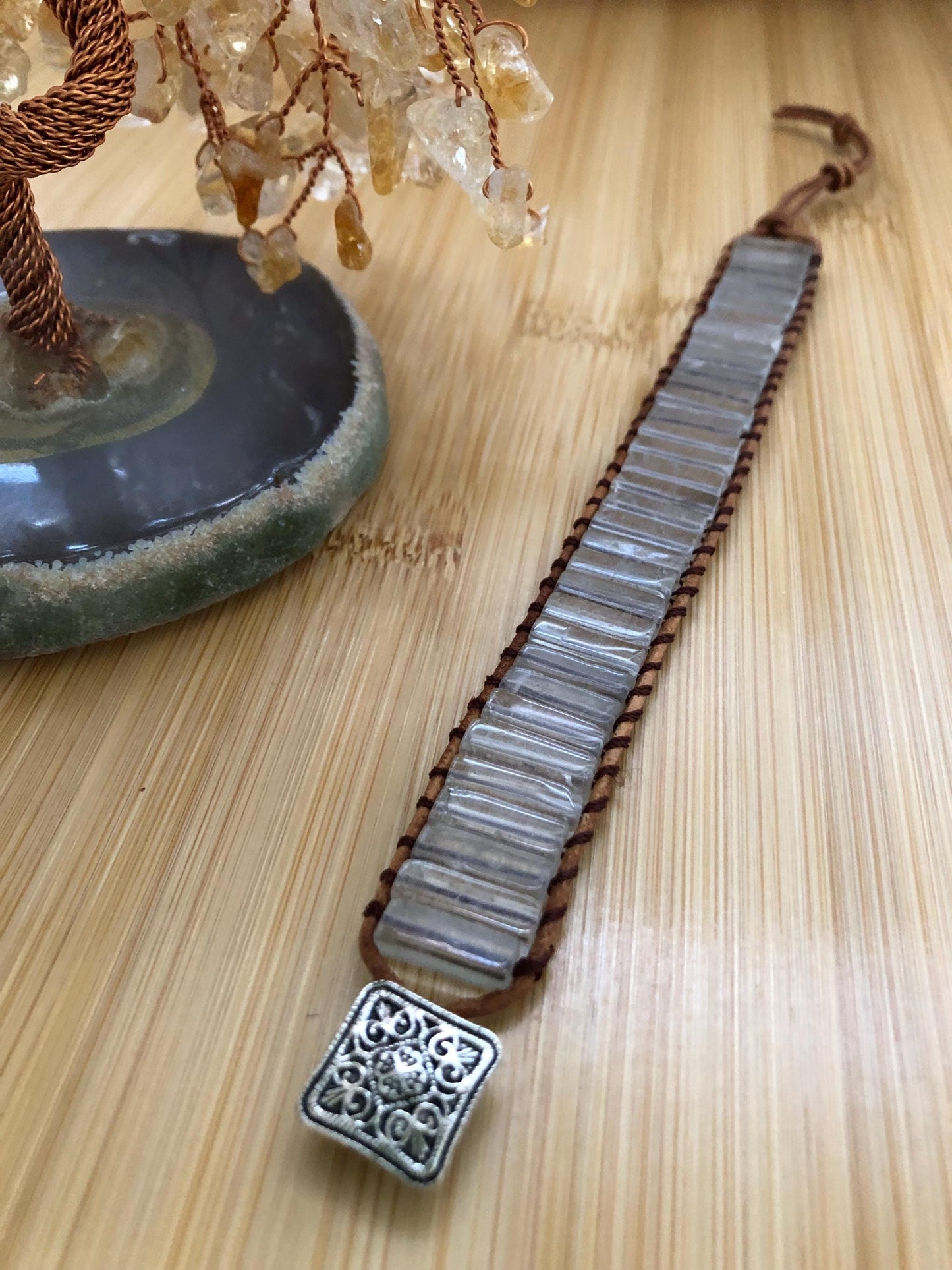 Clear quartz Rectangle natural stone bracelets for Women Boho Handmade Natural Jasper Stone Energy Bead Leather Wrap Bracelet Jewelry