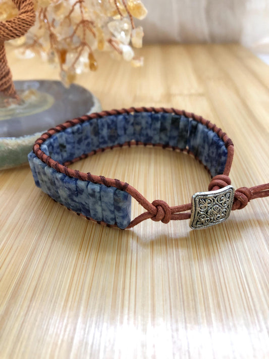 Blue Spot jasper Rectangle natural stone bracelets for Women Boho Handmade Natural Jasper Stone Energy Bead Leather Wrap Bracelet Jewelry