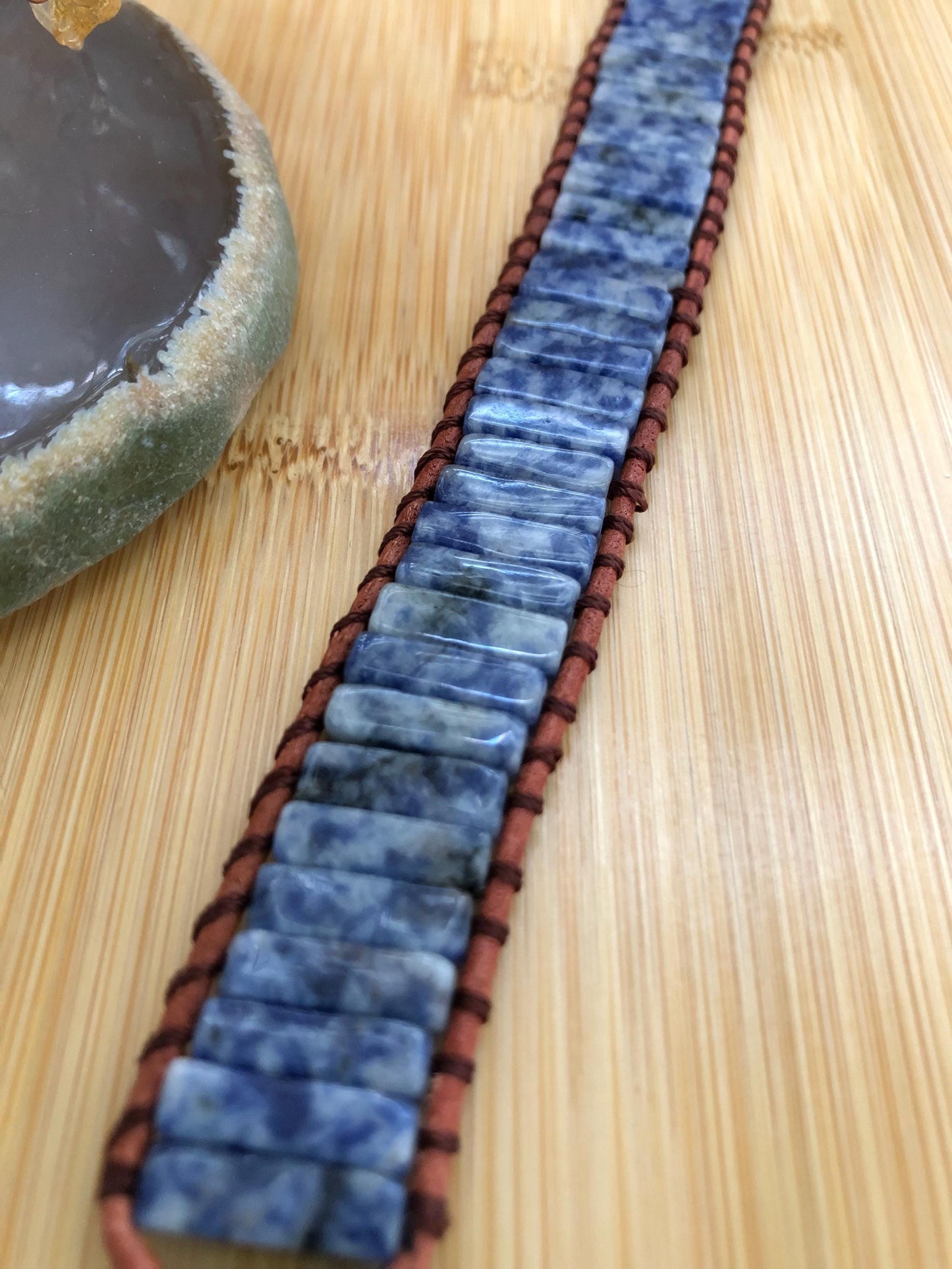 Blue Spot jasper Rectangle natural stone bracelets for Women Boho Handmade Natural Jasper Stone Energy Bead Leather Wrap Bracelet Jewelry