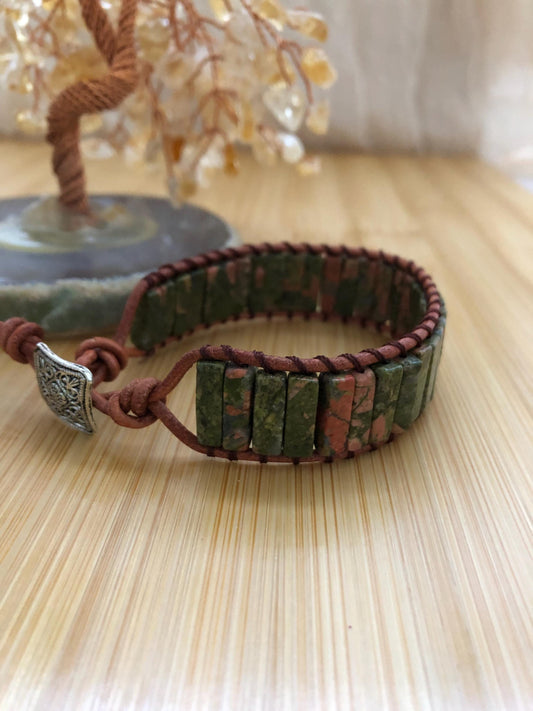 Unakaite Rectangle beads natural stone bracelets for Women Boho Handmade Natural Stone Energy Bead Leather Wrap Bracelet Jewelry