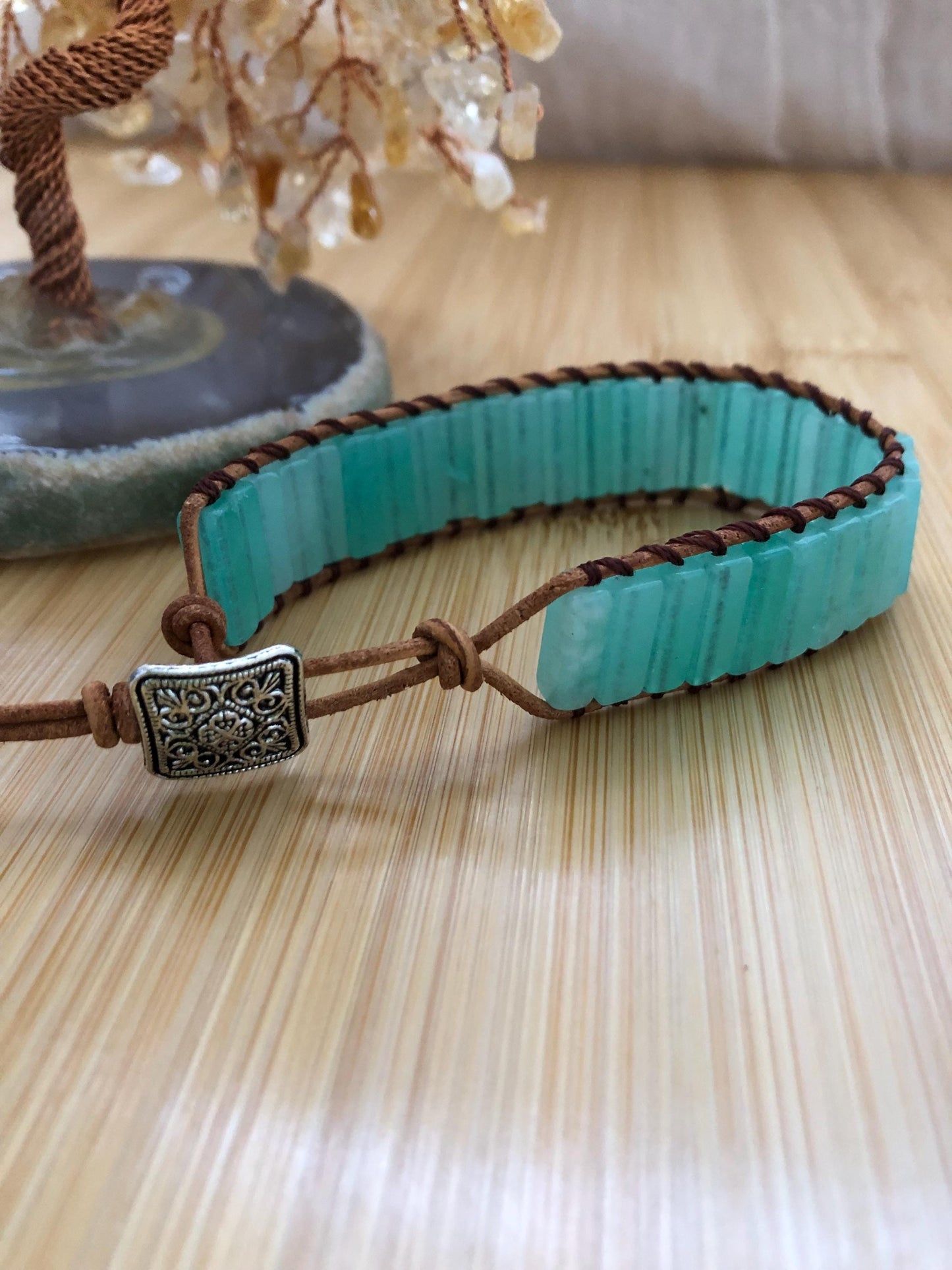 Green chalcedony rectangle beads natural stone bracelets for Women Boho Handmade Energy Bead Leather Wrap Bracelet Jewelry