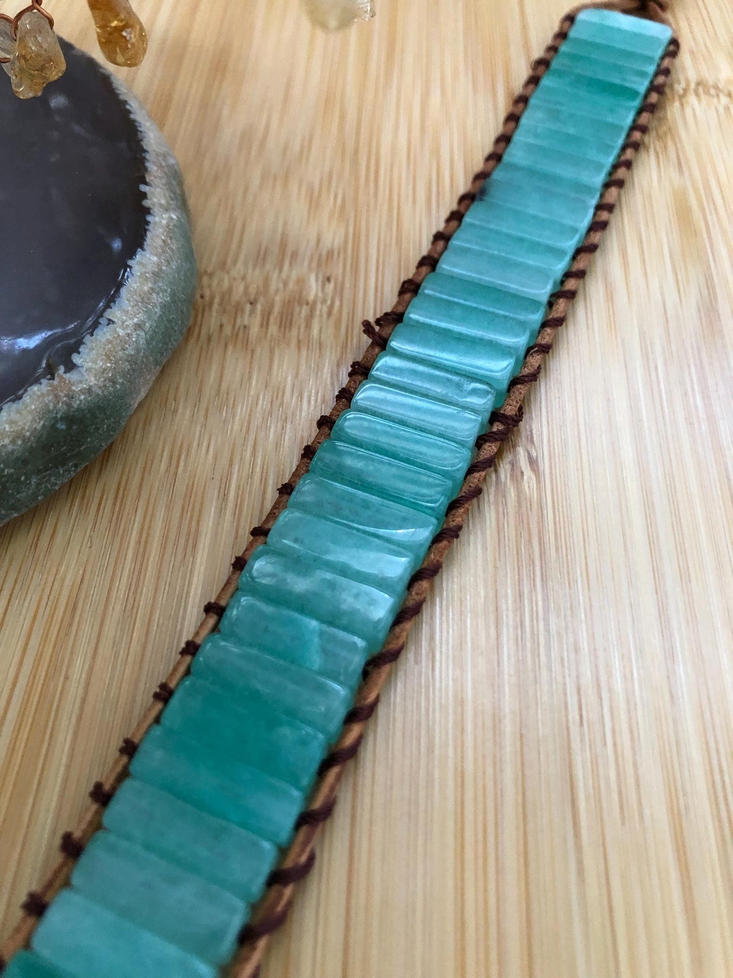 Green chalcedony rectangle beads natural stone bracelets for Women Boho Handmade Energy Bead Leather Wrap Bracelet Jewelry