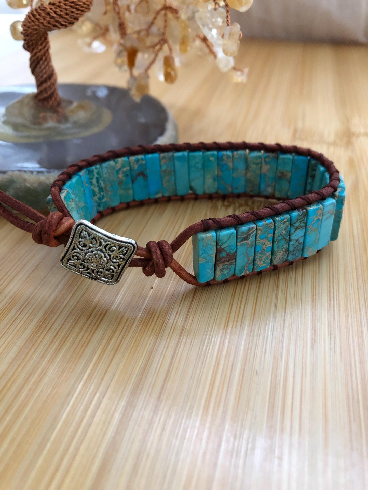 Kingman Turquoise rectangle beads natural stone bracelets for Women Boho Handmade Energy Bead Leather Wrap Bracelet Jewelry