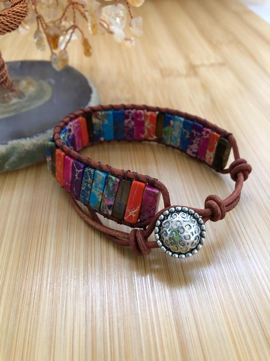 Colorful Sea Sediment Jasper rectangle beads natural stone bracelets for Women Boho Handmade Energy Bead Leather Wrap Bracelet Jewelry