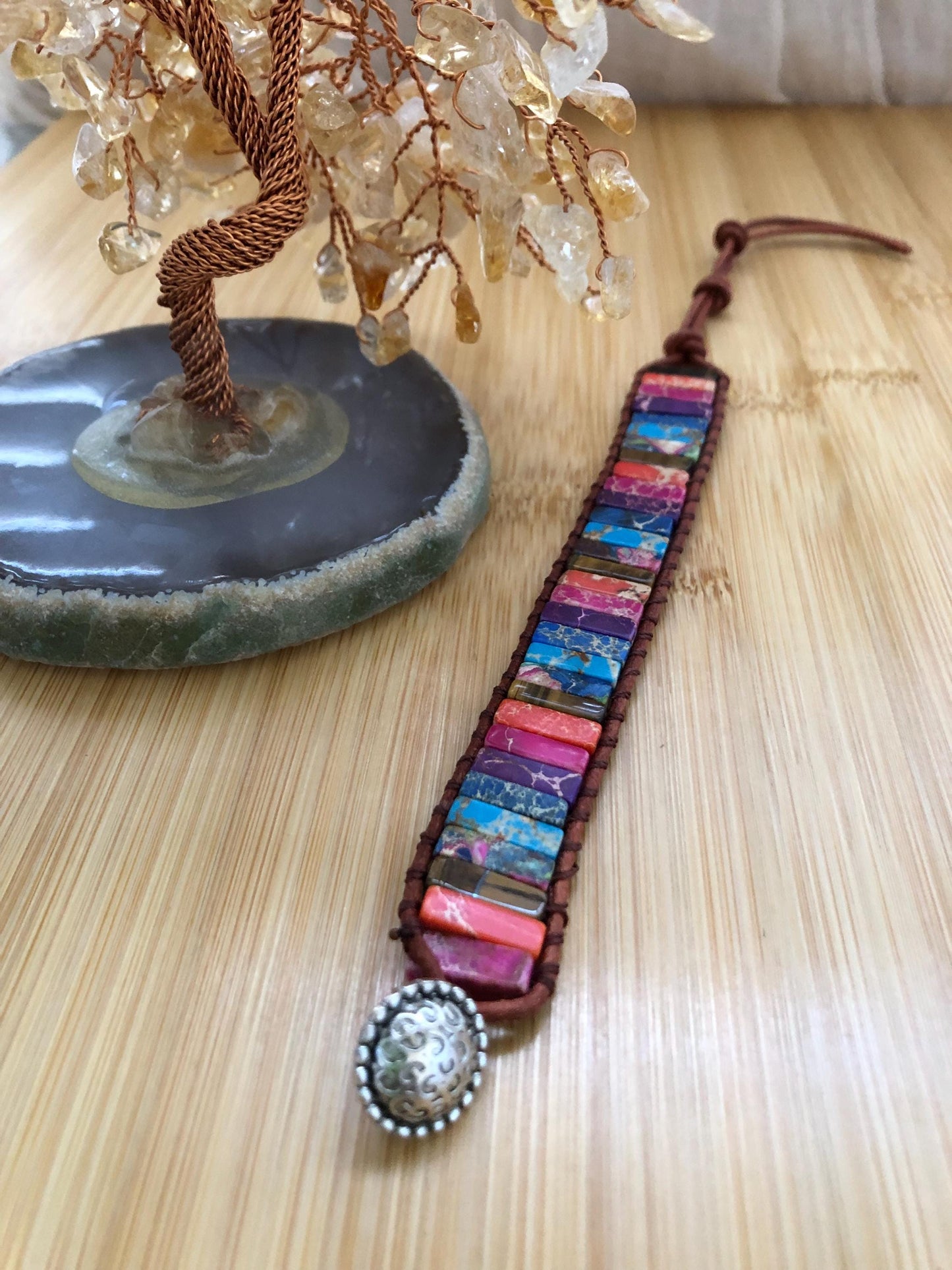 Colorful Sea Sediment Jasper rectangle beads natural stone bracelets for Women Boho Handmade Energy Bead Leather Wrap Bracelet Jewelry