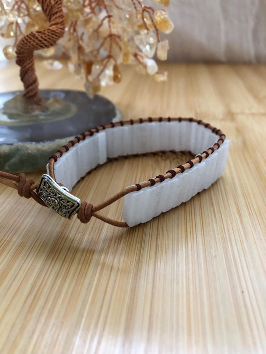 White chalcedony rectangle beads natural stone bracelets for Women Boho Handmade Energy Bead Leather Wrap Bracelet Jewelry