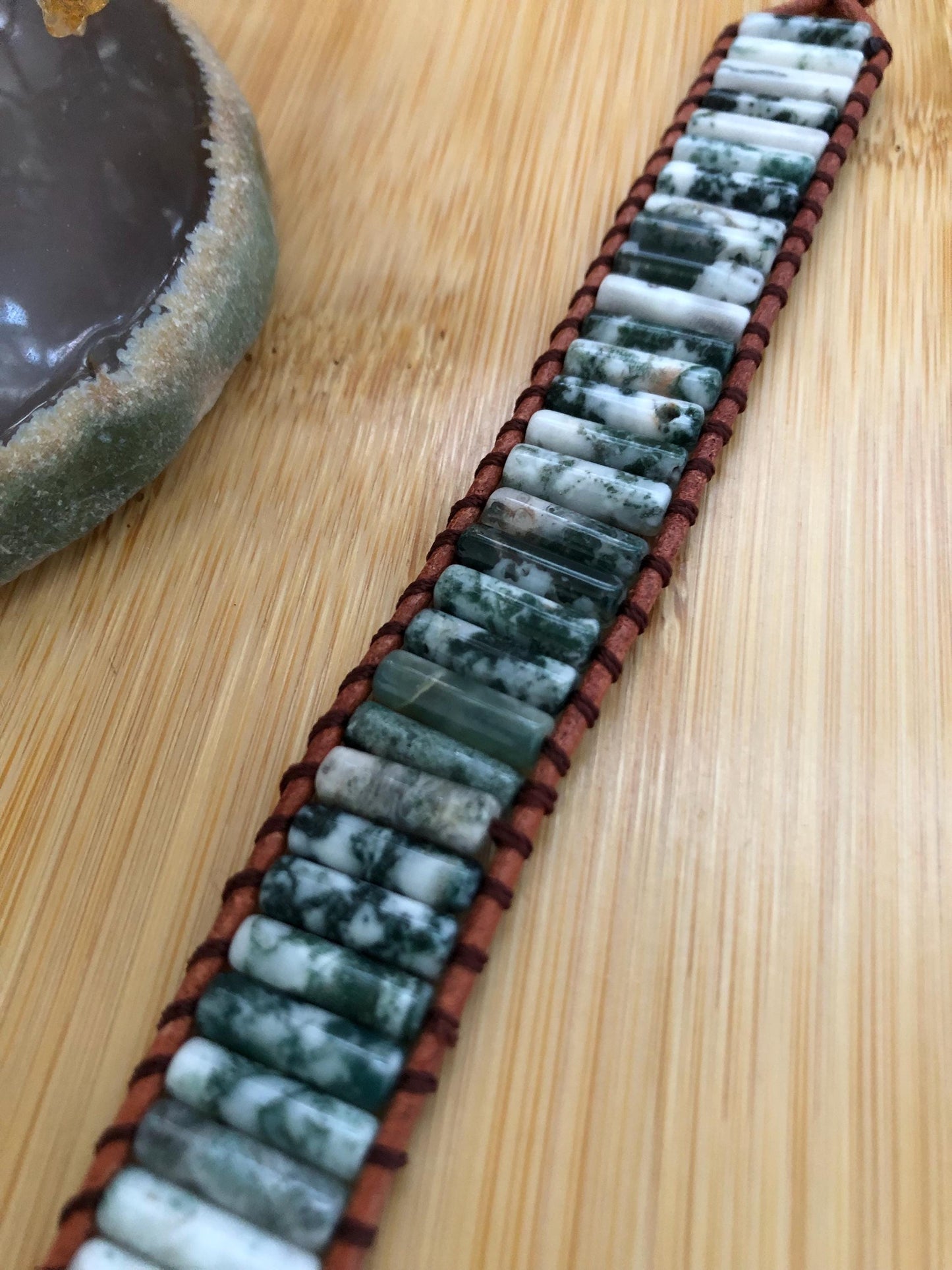 Green spot jasper tube beads stone spiritual beads to ward off negative energy, women boho wrap leather bracelet, energy bracelet