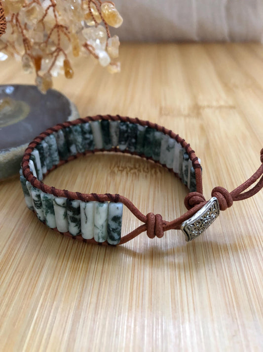 Green spot jasper tube beads stone spiritual beads to ward off negative energy, women boho wrap leather bracelet, energy bracelet