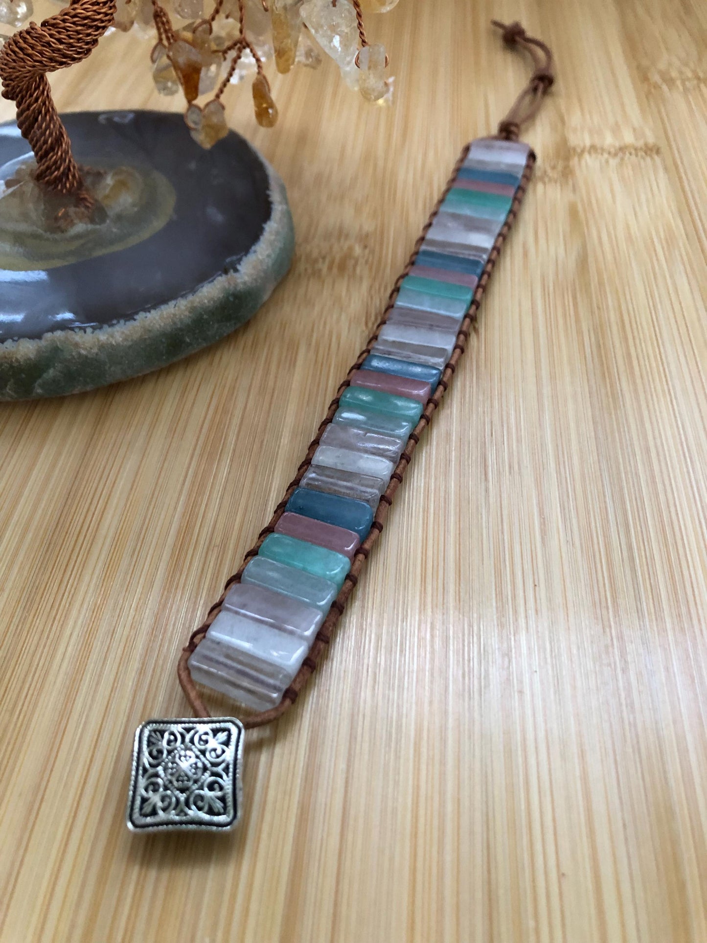 Multi Color chalcedony rectangle beads natural stone bracelets for Women Boho Handmade Energy Bead Leather Wrap Bracelet Jewelry