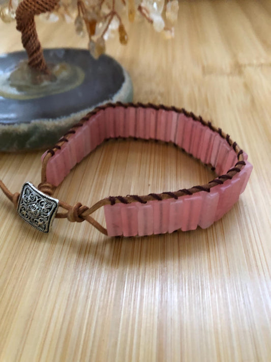 Pink chalcedony rectangle beads natural stone bracelets for Women Boho Handmade Energy Bead Leather Wrap Bracelet Jewelry