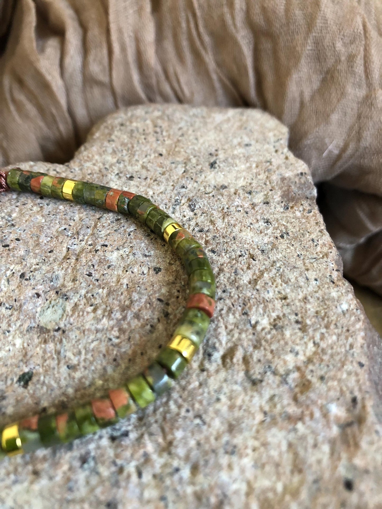 Unakite spiritual bead gemstone bracelet, dainty 2x4 beaded bracelet, meditation intention prayer bracelet, heishi beads, powerstone