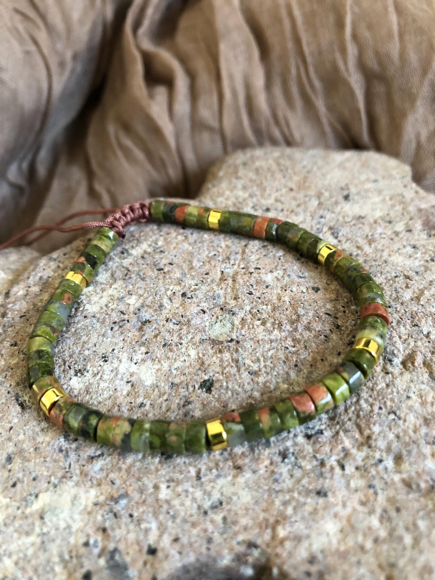 Unakite spiritual bead gemstone bracelet, dainty 2x4 beaded bracelet, meditation intention prayer bracelet, heishi beads, powerstone