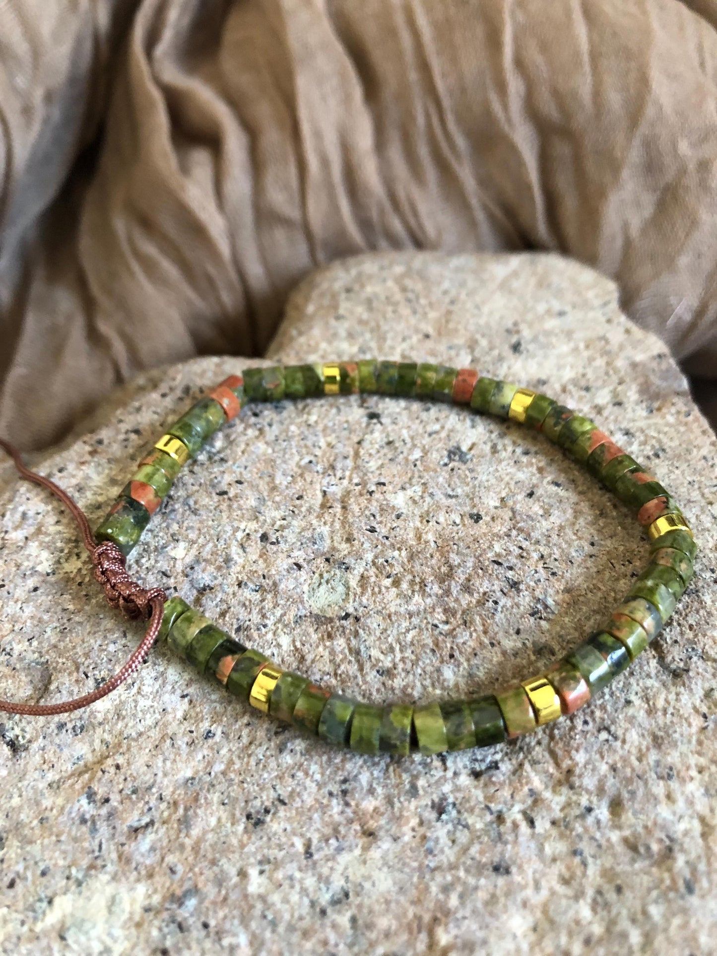 Unakite spiritual bead gemstone bracelet, dainty 2x4 beaded bracelet, meditation intention prayer bracelet, heishi beads, powerstone