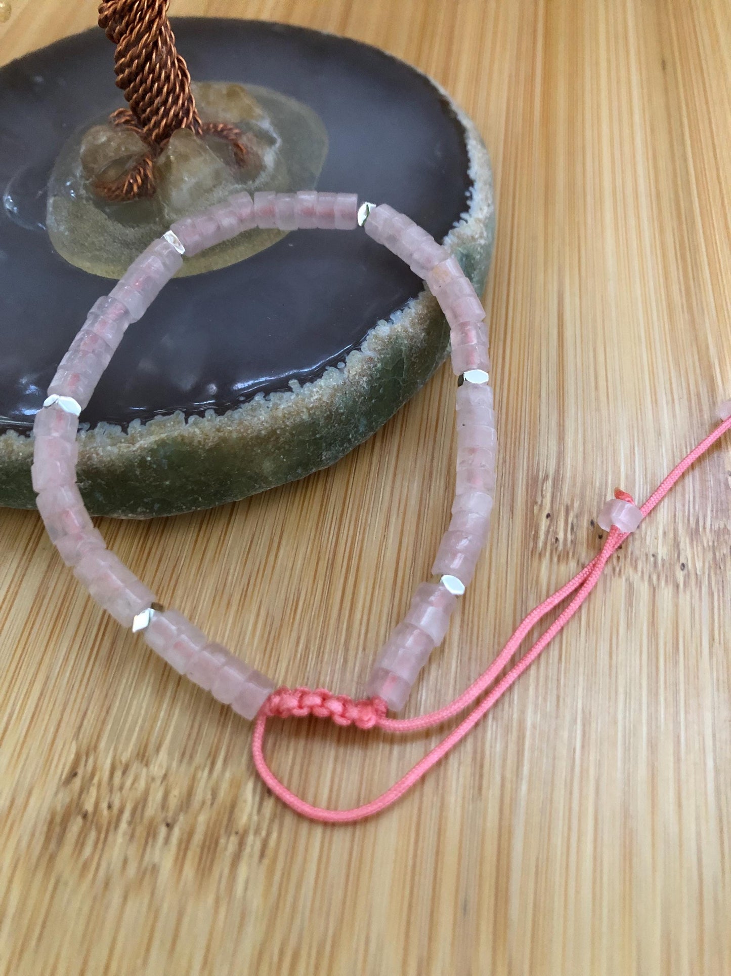 Rose quartz spiritual beads stone of unconditional love, hematite protection bead, meditating power gemstone dainty beaded bracelet