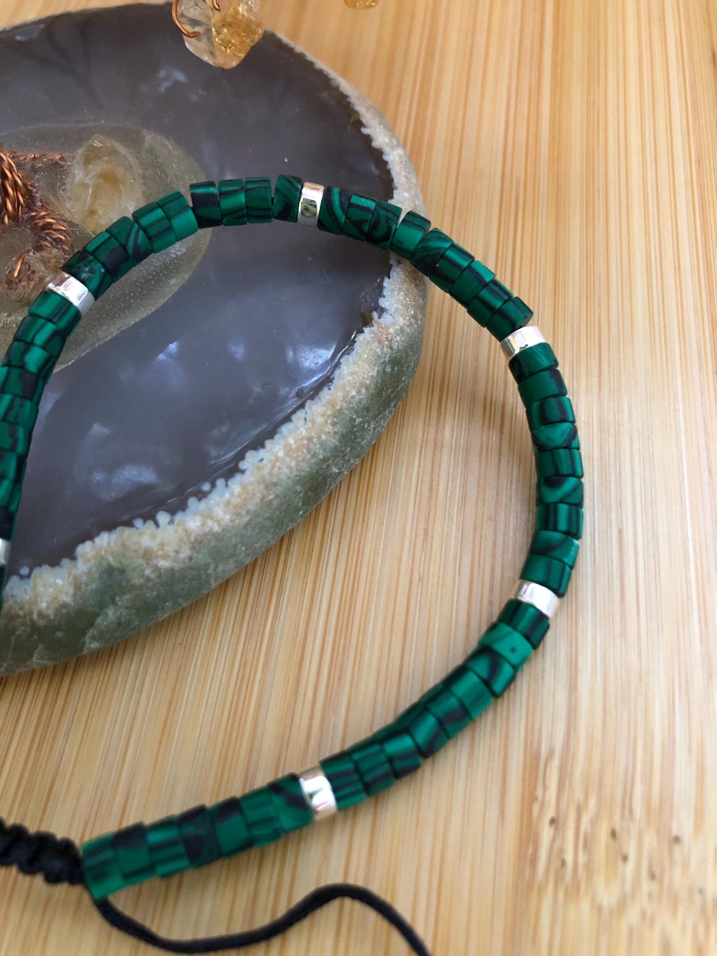 Malachite stone spiritual beads stone of transformation, abundance, hematite protection bead, dainty beaded intention power bracelet