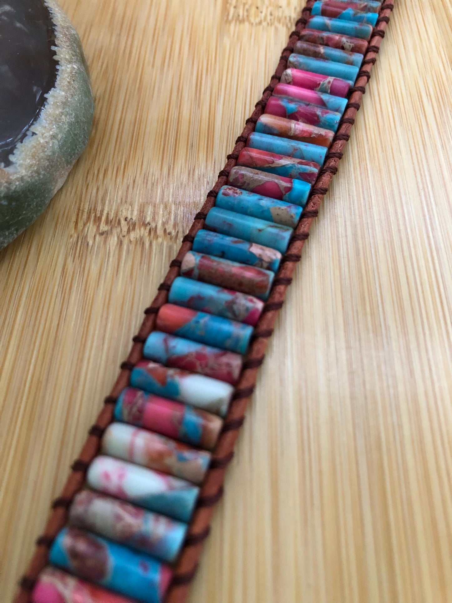 Colorful rectangle tube natural stone bracelets for Women Boho Handmade Natural Jasper Stone Energy Bead Leather Wrap Bracelet Jewelry