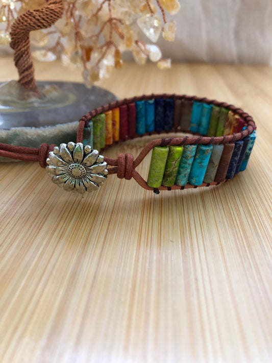 7 Chakra tube natural stone bracelets for Women Boho Handmade Natural Jasper Stone Energy Bead Leather Wrap Bracelet Jewelry