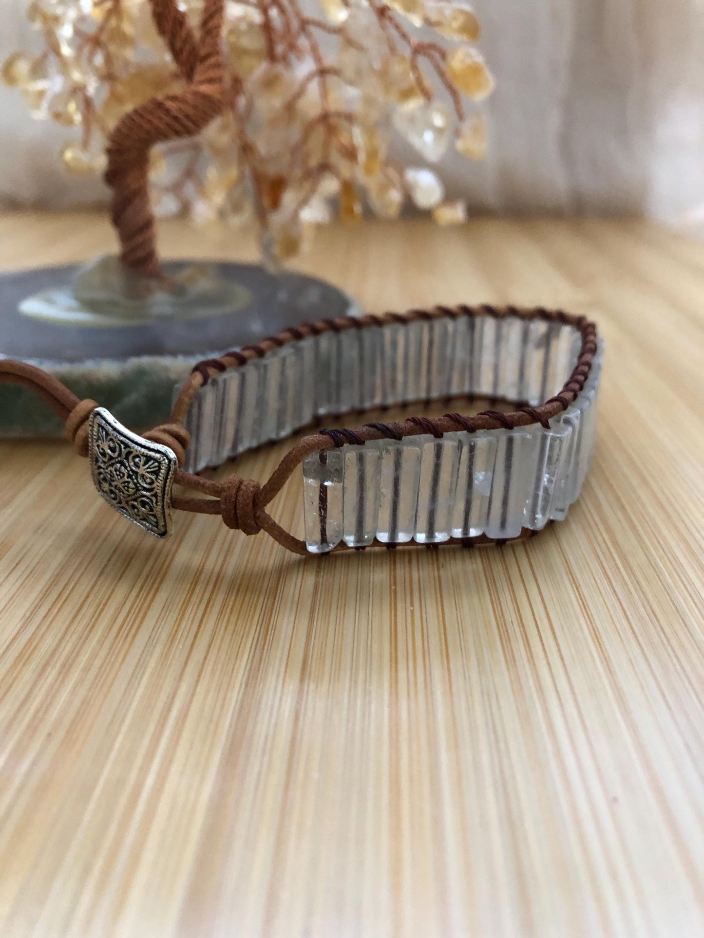 Clear quartz Rectangle natural stone bracelets for Women Boho Handmade Natural Jasper Stone Energy Bead Leather Wrap Bracelet Jewelry