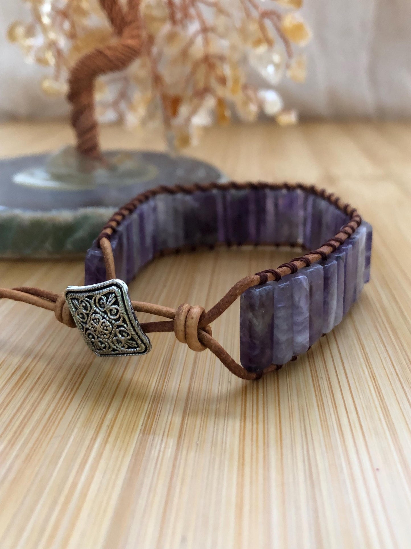 Amethyst rectangle beads natural stone bracelets for Women Boho Handmade Energy Bead Leather Wrap Bracelet Jewelry