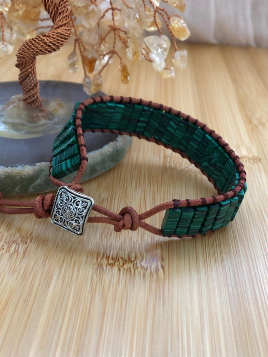 Malachite rectangle beads natural stone bracelets for Women Boho Handmade Energy Bead Leather Wrap Bracelet Jewelry