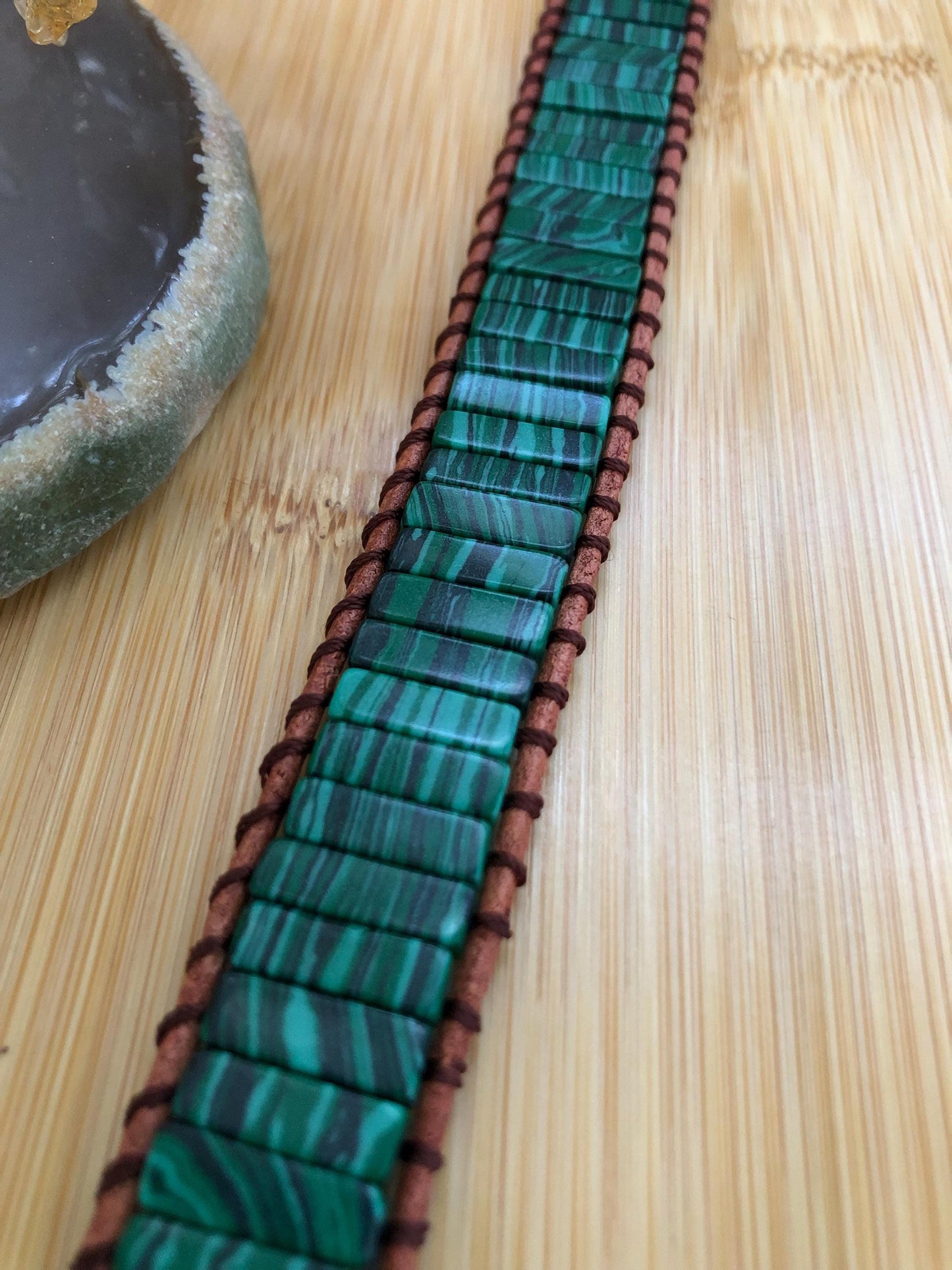 Malachite rectangle beads natural stone bracelets for Women Boho Handmade Energy Bead Leather Wrap Bracelet Jewelry