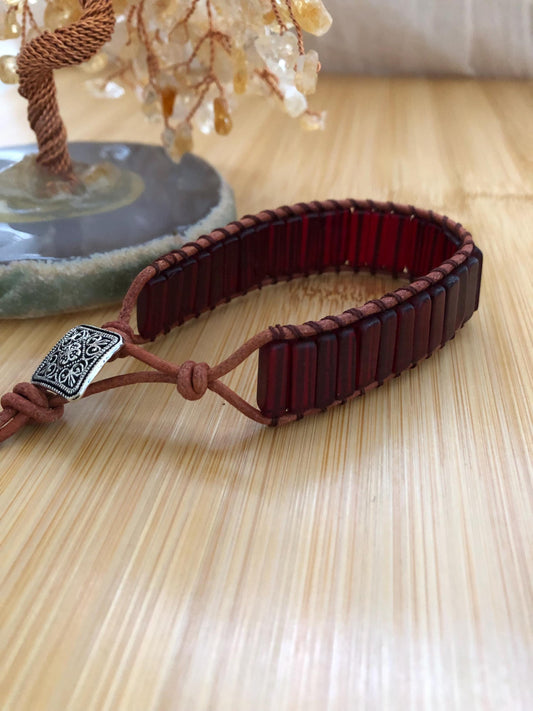 Red chalcedony rectangle beads natural stone bracelets for Women Boho Handmade Energy Bead Leather Wrap Bracelet Jewelry